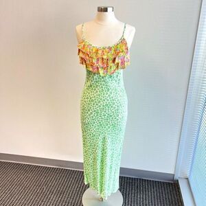 RIXO For Target Leopard Print Ruffle Slip Dress Size Small MIDI Party Cocktail